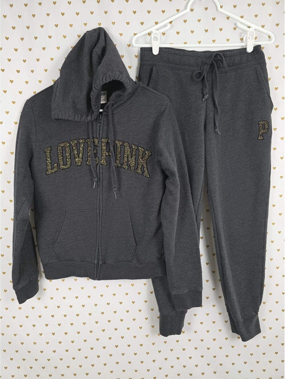 Victorias Secret Pink Love Logo Full Zip Hoodie Grey Sweats Jacket SET Medium